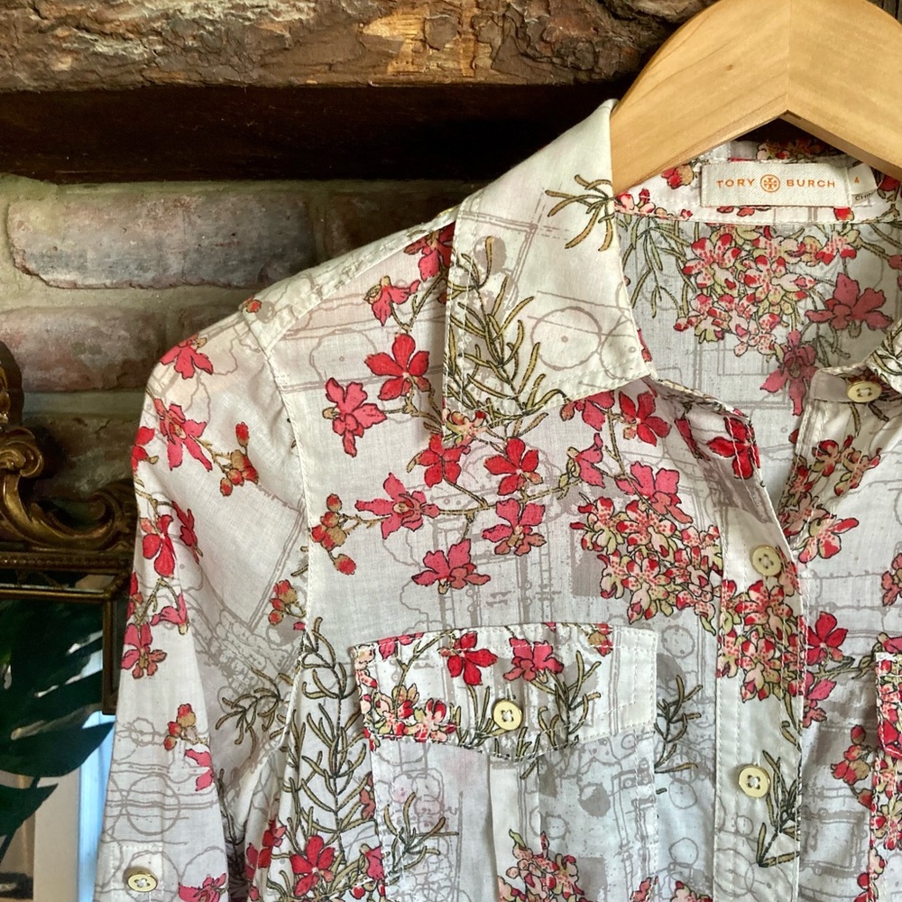 Tory Burch Brigitte Enamel Button-Down Epaulettes Cottagecore Floral Blouse EUC